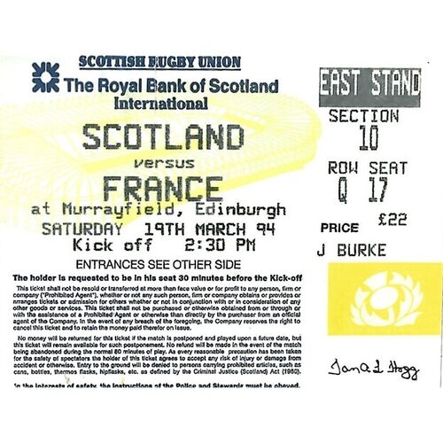 1994 Scotland v France Five Nations Rugby Union Programme & Match Ticket