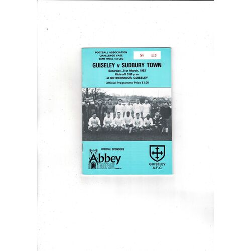 1991/92 Guiseley v Sudbury Town Vase Semi Final Football Programme