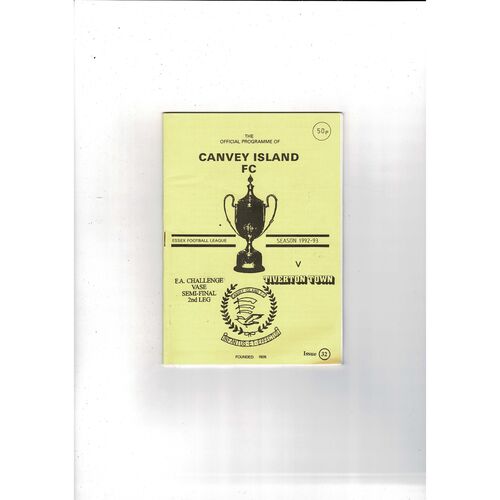 1992/93 Canvey Island v Tiverton Town Vase Semi Final Football Programme