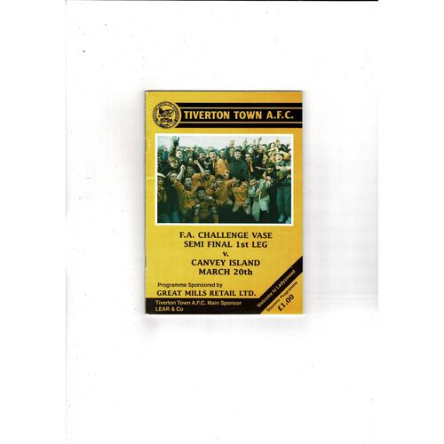 1992/93 Tiverton Town v Canvey Island Vase Semi Final Football Programme