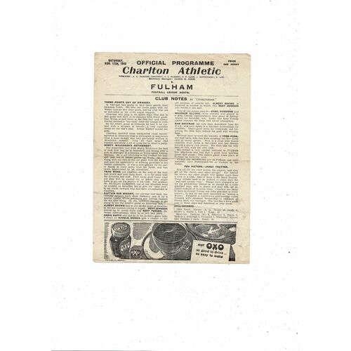1945/46 Charlton Athletic v Fulham War League Football Programme