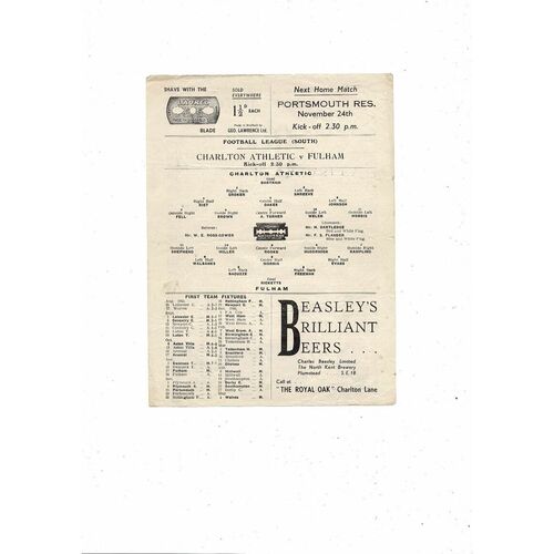 1945/46 Charlton Athletic v Fulham War League Football Programme