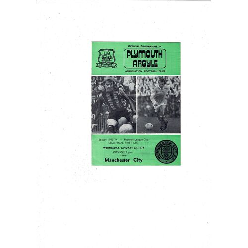 1973/74 Plymouth v Manchester City League Cup Semi Final White back Programme