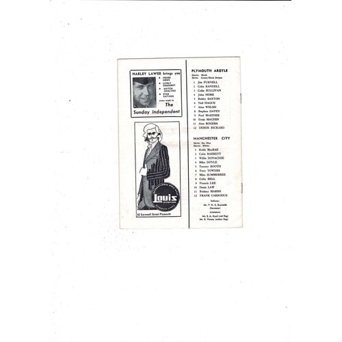 1973/74 Plymouth v Manchester City League Cup Semi Final White back Programme
