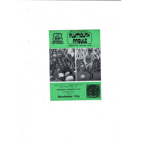 1973/74 Plymouth v Manchester City League Cup Semi Final Green back Programme
