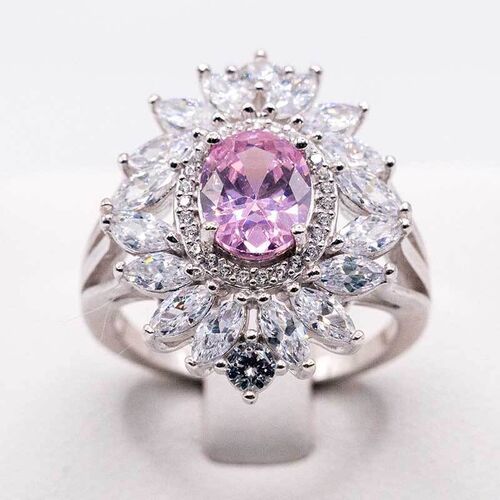 Pink and clear moissanite stone set in halo cluster cut on silver