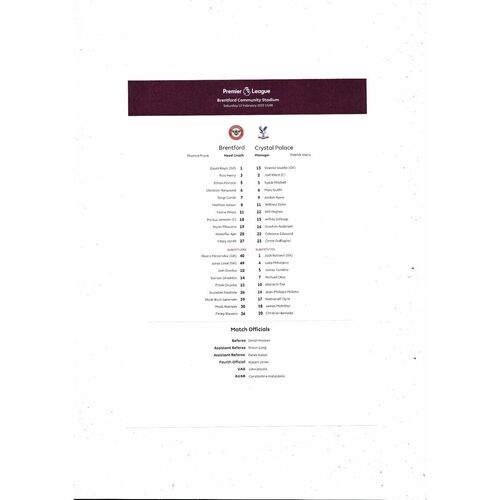 2021/22 Brentford v Crystal Palace Official Football Programme + Team Sheet