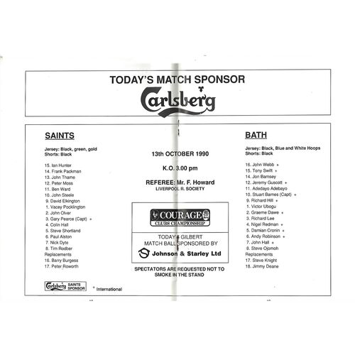 1990/91 Northampton v Bath (13/10/1990) Rugby Union Programme