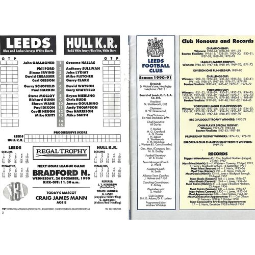 1990/91 Leeds v Hull Kingston Rovers (02/12/1990) 1st Round Regal Trophy Rugby League Programme