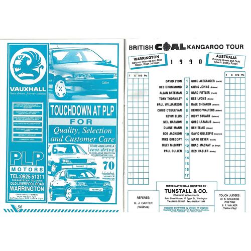 1990/91 Warrington v Australia (31/10/1990) Tour Match Rugby League Programme
