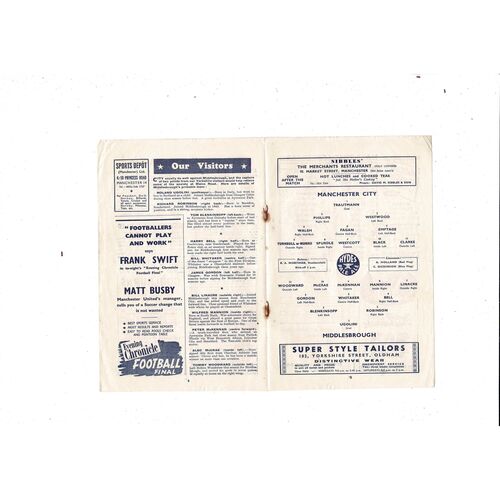 1949/50 Manchester City v Middlesbrough Football Programme.