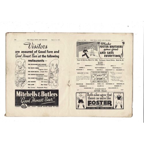 1937/38 Aston Villa v Bury Football Programme