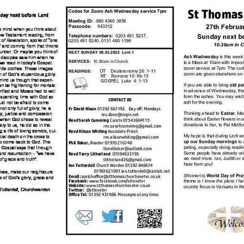 Pew Sheet | The Parish of St Thomas, Exeter