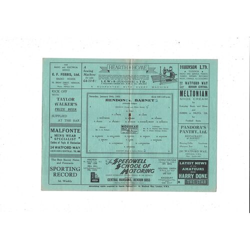 1950/51 Hendon v Barnet Football Programme