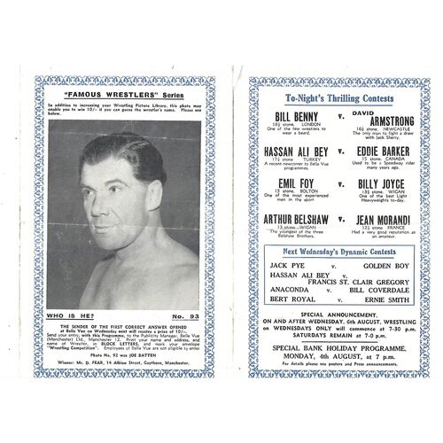 1952 Belle Vue (02/08/1952) Wresting Programme