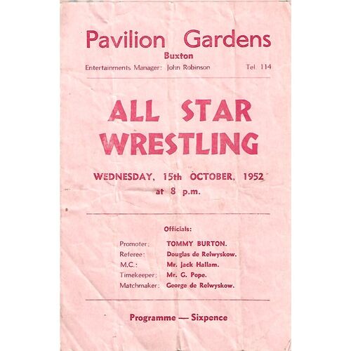 1952 Buxton (15/10/1952) Wresting Programme & Event Flyer