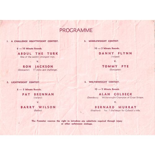 1952 Buxton (15/10/1952) Wresting Programme & Event Flyer