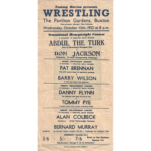 1952 Buxton (15/10/1952) Wresting Programme & Event Flyer