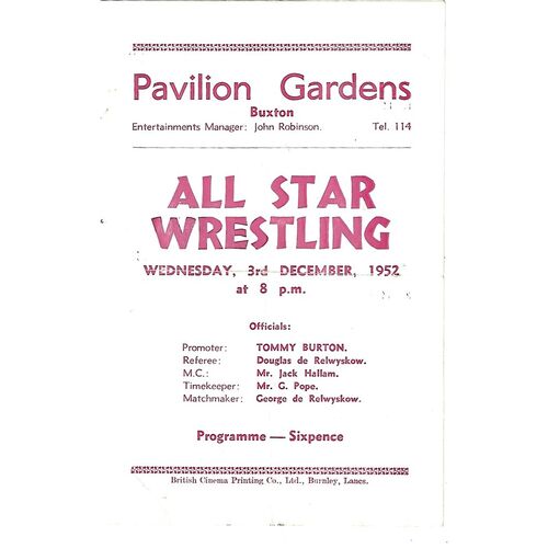 1952 Buxton (03/12/1952) Wresting Programme