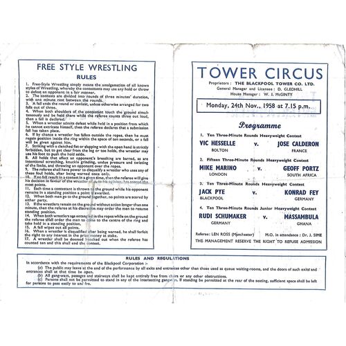 1958 Blackpool (24/11/1958) Wresting Programme