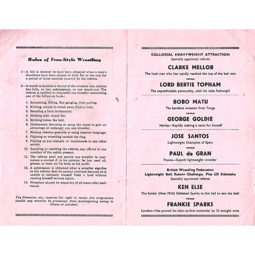 1960 Buxton (08/08/1960) Wresting Programme