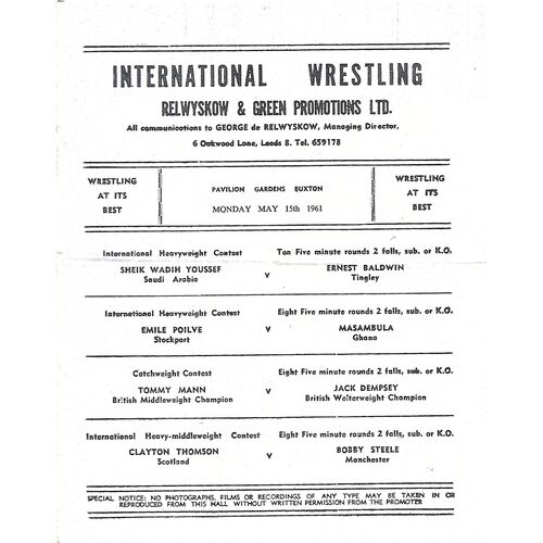 1961 Buxton (15/05/1961) Wresting Programme/Mat Televised Review Issue No. 172
