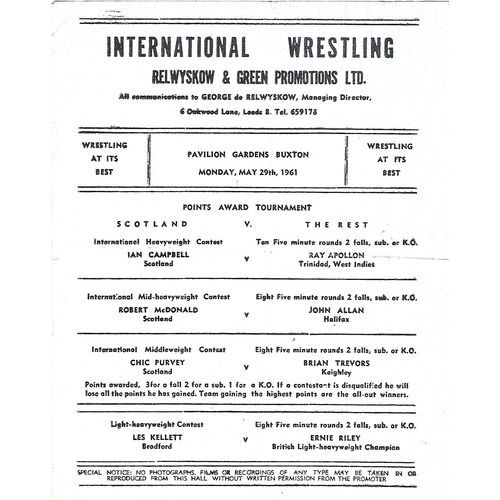 1961 Buxton (29/05/1961) Wresting Programme/Mat Televised Review Issue No. 174