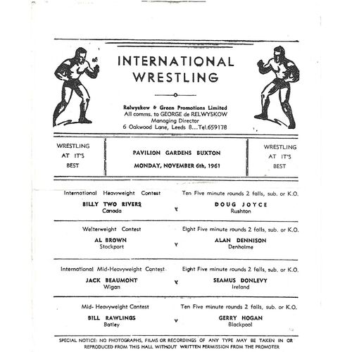 1961 Buxton (06/11/1961) Wresting Programme/Mat Televised Review Issue No. 196