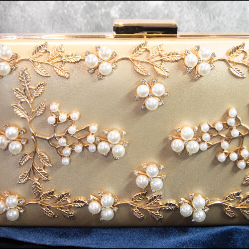 Faux Gold, Pearl & Crystal Embellished Box Clutch
