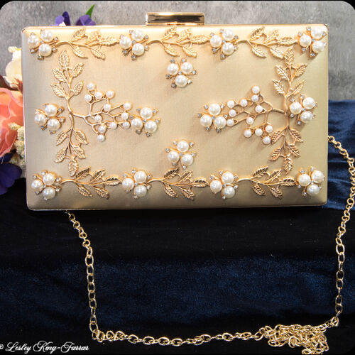 Faux Gold, Pearl & Crystal Embellished Box Clutch