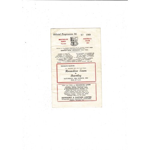 1961/62 Hounslow Town v Bromley Amateur Cup Replay Football Programme