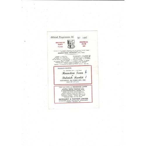 1961/62 Hounslow Town v Dulwich Hamlet FA Amateur Cup Football Programme