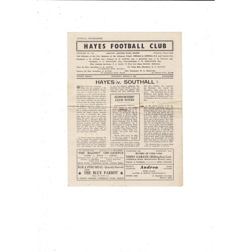 1953/54 Hayes v Southall Football Programme