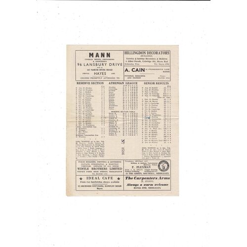 1953/54 Hayes v Southall Football Programme