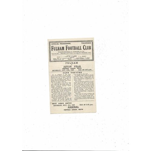 1945/46 Fulham v Aston Villa Football Programme