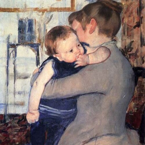 Baby in Dark Blue Suit, Looking over His Mother's Shoulder