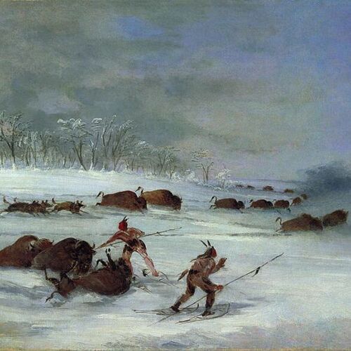 Sioux Indians on Snowshoes Lancing Buffalo