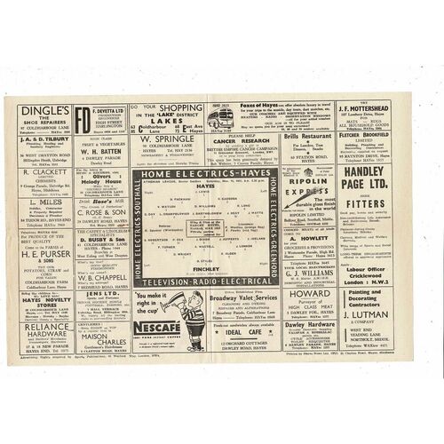 1957/58 Hayes v Finchley Football Programme