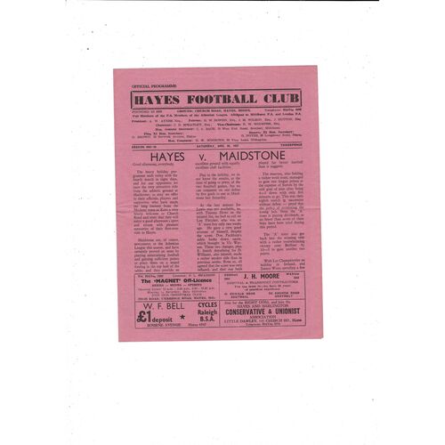 1957/58 Hayes v Maidstone Football Programme