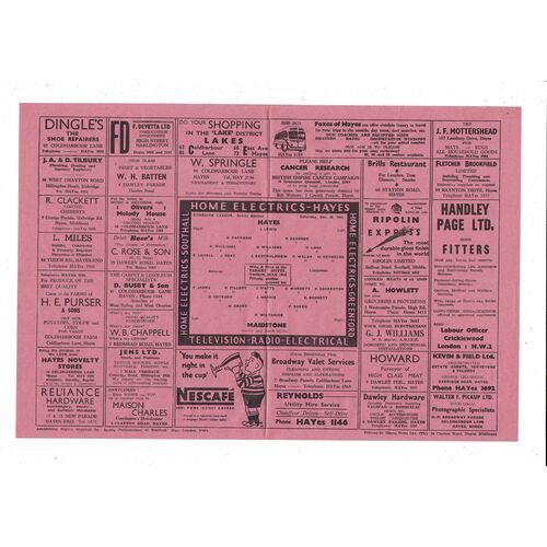 1957/58 Hayes v Maidstone Football Programme