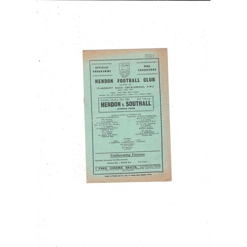 1956/57 Hendon v Southall Football Programme October 27th