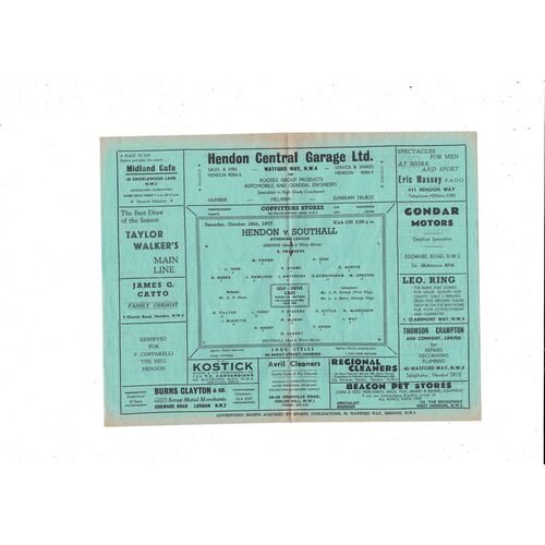 1955/56 Hendon v Southall Football Programme October 29th