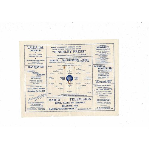 1954/55 Barnet v Walthamstow Avenue London Senior Cup Semi Final Football Programme @ Finchley