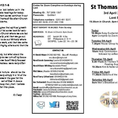 Pew Sheet | The Parish of St Thomas, Exeter