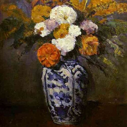 Dahlias in a Delft Vase