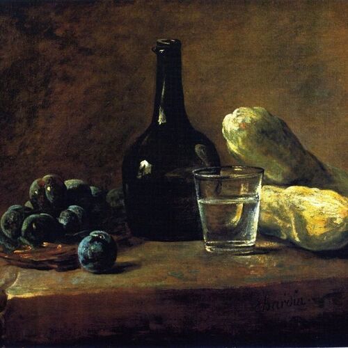 Basket of Plums, Bottle, Glass of Water and Cucumbers