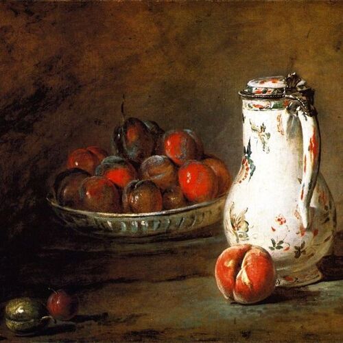 Bowl of Plums, a Peach and Water Pitcher