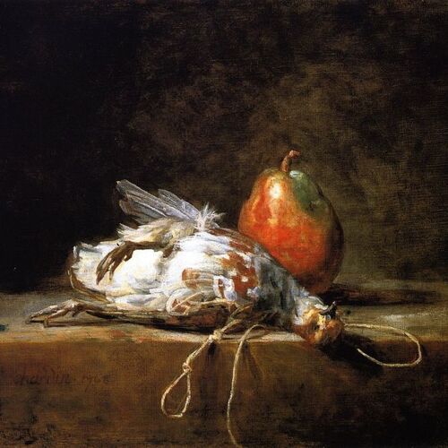 Grey Partridge, Pear and Snare on a Stone Table