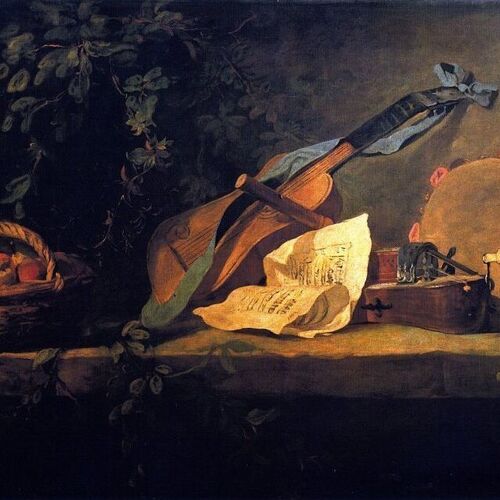 Musical Instruments and Basket of Fruit