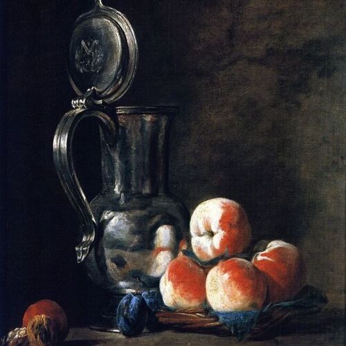 Pewter Jug with Basket of Peaches, Plums and Walnuts